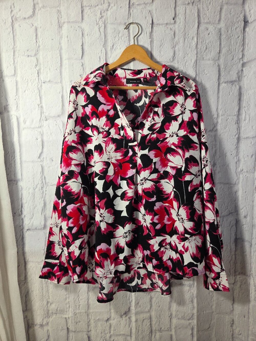 Rafaella XXL Vibrant Pink Black Floral V Neck Longsleeve Spring Casual Blouse